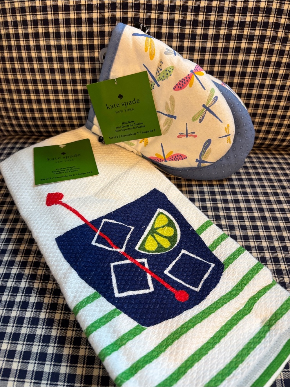 kate spade White, Navy, Green & Blue Dragonfly Oven Mitt with Cocktail Towel - Picture 1 of 7